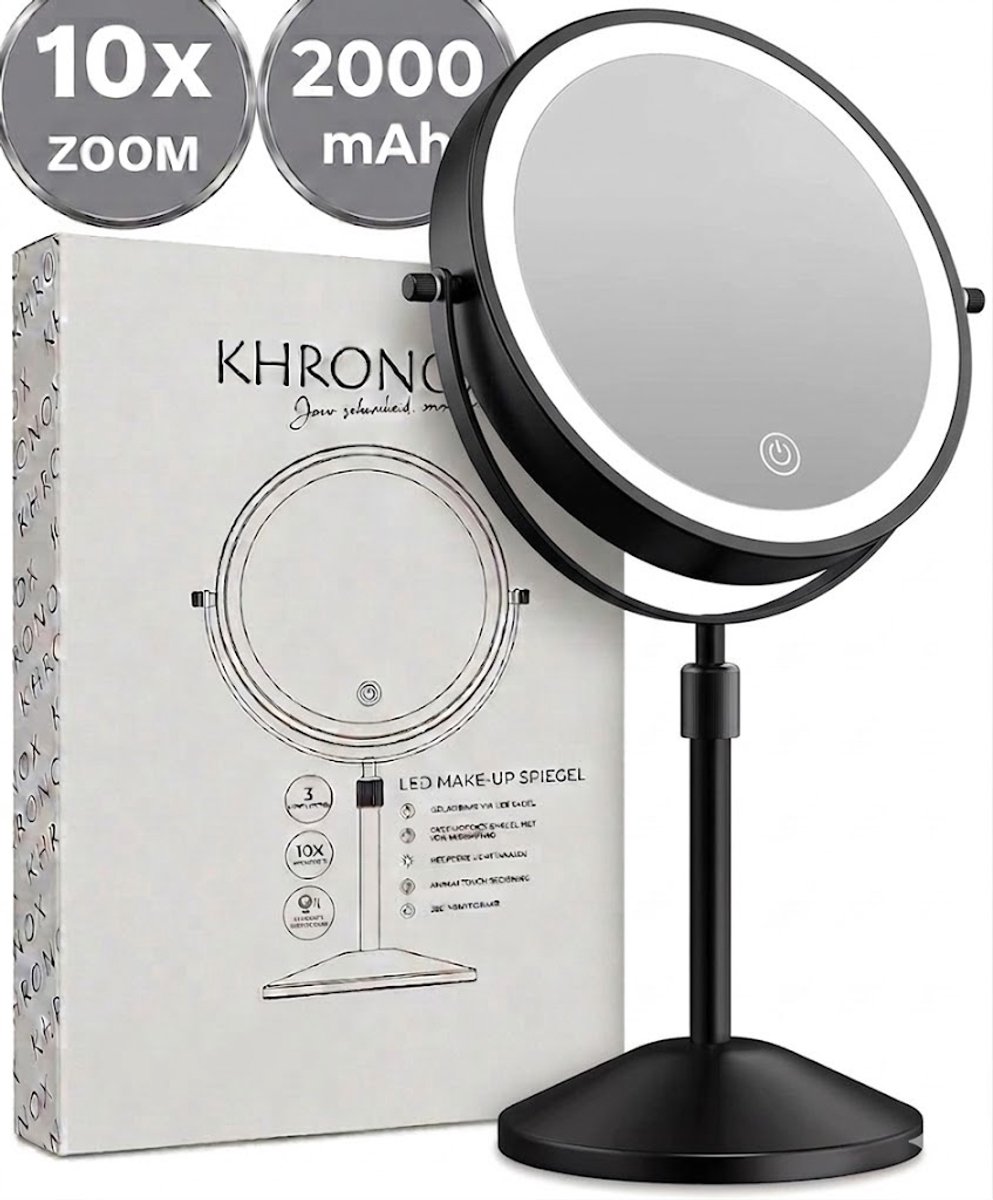 KHRONOX® Make Up Spiegel, Make-Up Spiegel Met LED Verlichting, 10x Vergroting, 3 Lichtstanden, USB Oplaadbaar, 2000 Mah, Vergrootspiegel, Make Up Spiegel 10x Vergroting, Badkamerspiegel, Scheerspiegel, 360° Draaibaar, Valentijnsdag, Cadeautje, ZWART
