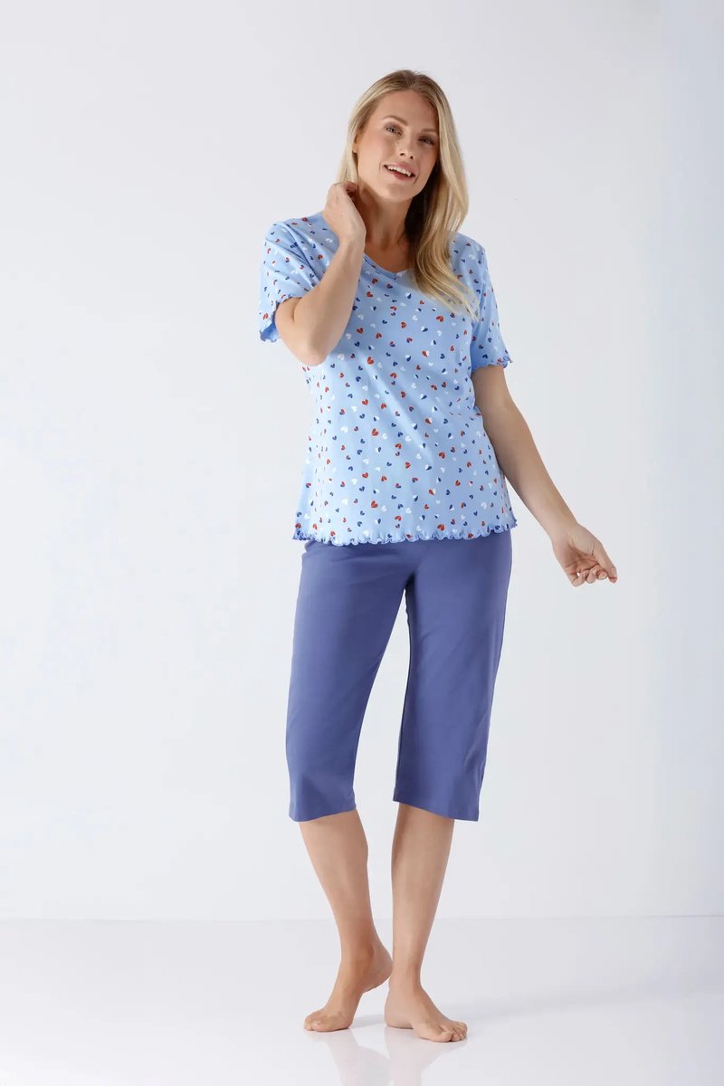 Hajo Dames Pyjama met capri broek - Lichtblauw – 100% Gekamde Katoen