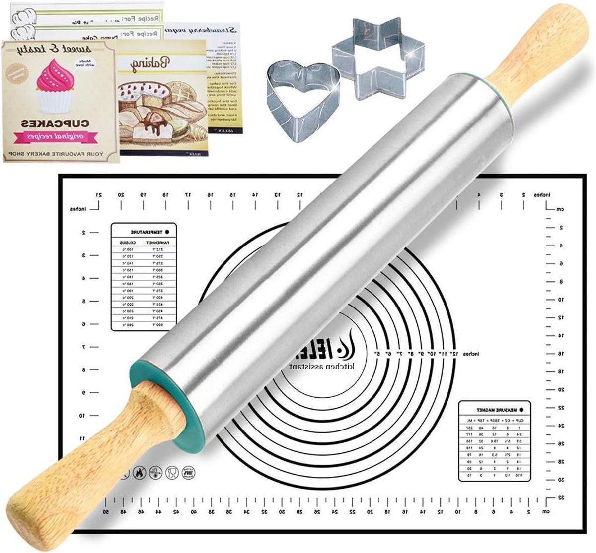 Deegroller Set - Bakvorm Gereedschap - Koekjes Bakken - Met Antiaanbakmat - 40x60 cm Mat - Zilverkleurig