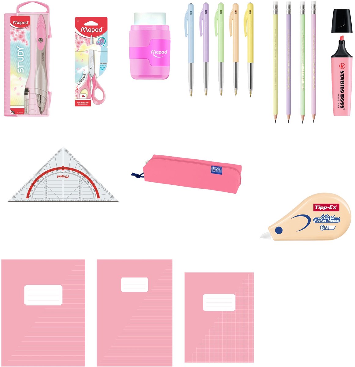 Back to School - Complete Schoolset - Schriften A4 & A5, Etui, Schrijfwaren en Geometrieset - Pastel Roze