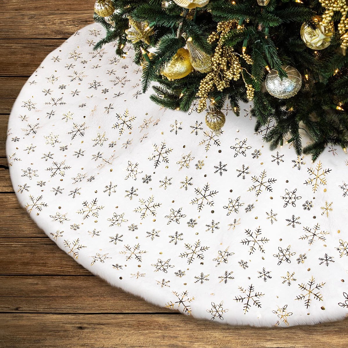 Dailygoods- Kerstboomrok 40,6 cm - Nepbont/Sneeuwvlokken - Decoratie - Duurzaam - Klittenband - Zachte Pluche Textuur - Kerstboomdeken