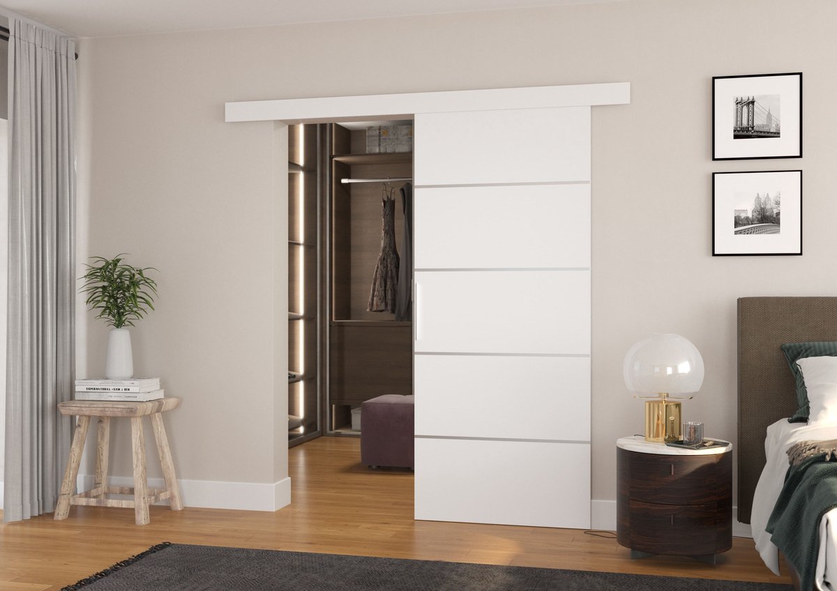 Tomina wand schuifdeur 96x205 cm – witte binnenschuifdeur met zilverkleurige strepen, aluminium handgreep en Laguna schuifsysteem
