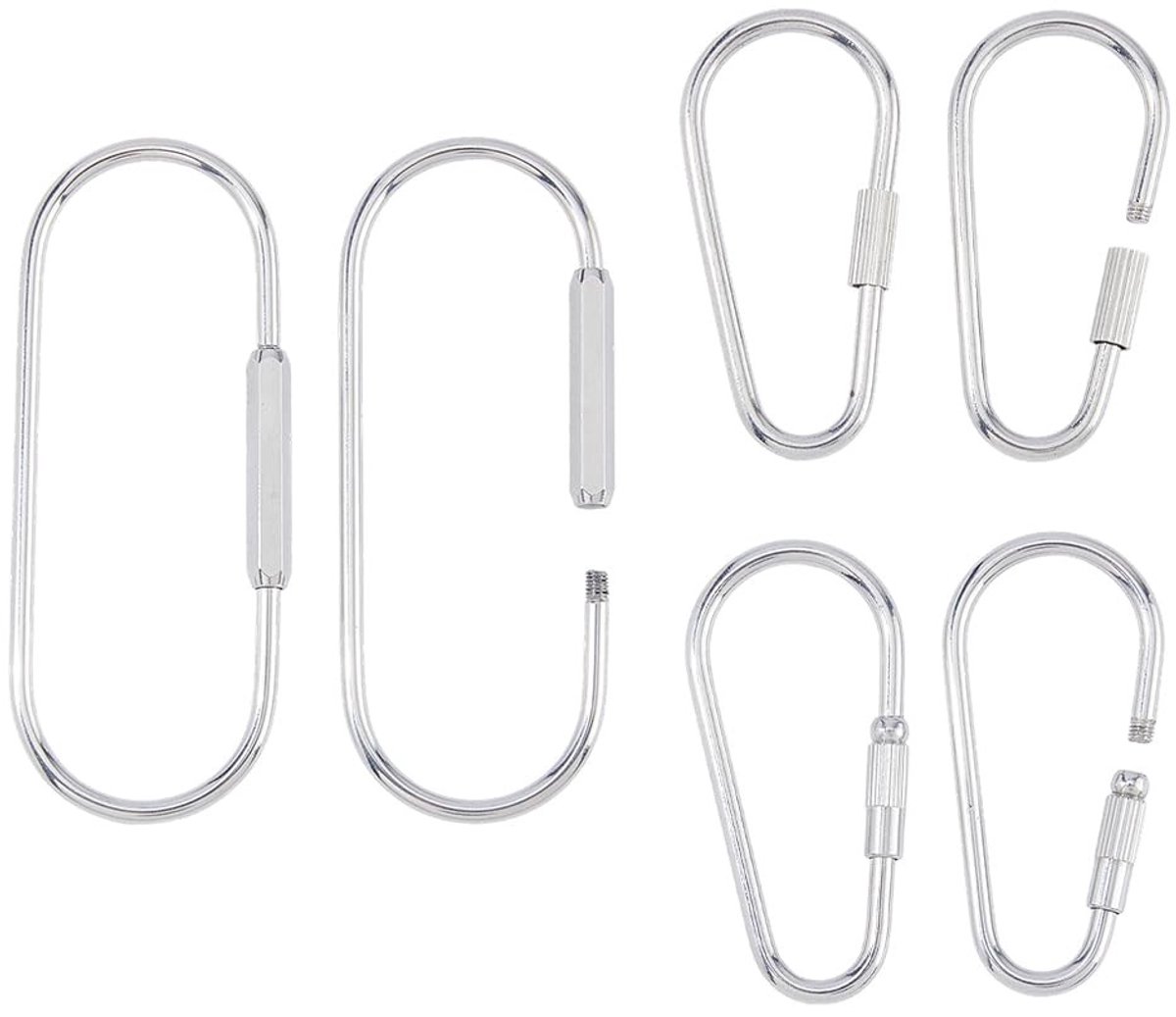 Dailygoods- Karabijnhaak 6 Stuks - Roestvrij Staal - Schroefsluiting - Ovale Sleutelhanger - 3 Stijlen - Ideaal voor Camping/Wandelen