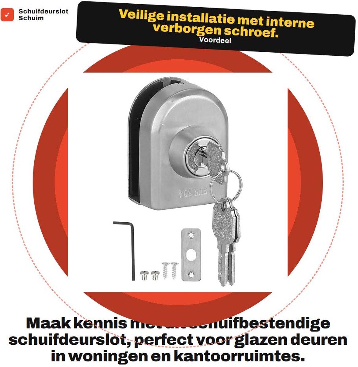 Dailygoods- Schuifdeurslot Roestvrij Staal - Frameloos Deurslot - Veiligheidsinstallatie - Anti-diefstal - Duurzaam - Gladde Afwerking - Glazen Deurslot