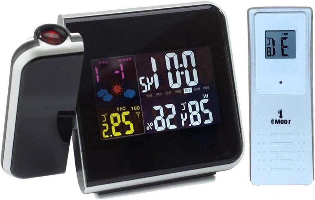 Digitale Projectiewekker - Weerstation Klok - Nachtkastje Info - Temperatuur Vochtigheid - 10x10mm - Zwart