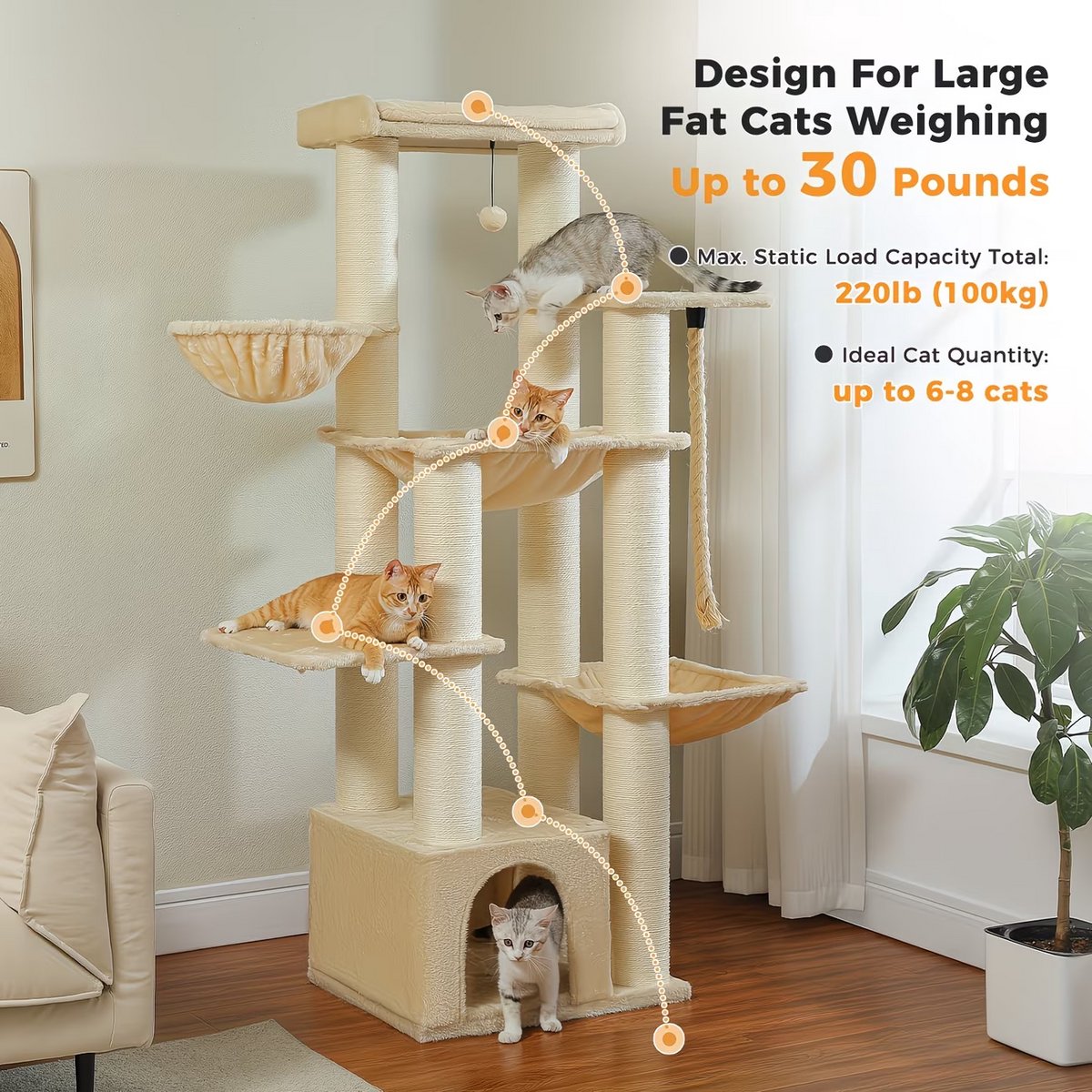 NordPaw® Krabpaal XXL voor Grote Katten 170 cm - Kattenboom met 7 Niveaus - 3 Hangmatten - Extra Groot Kattenhuis - 11 Sisal Krabpalen - Geschikt voor Maine Coon & Meerdere Katten - Zwart/Grijs – foto 5