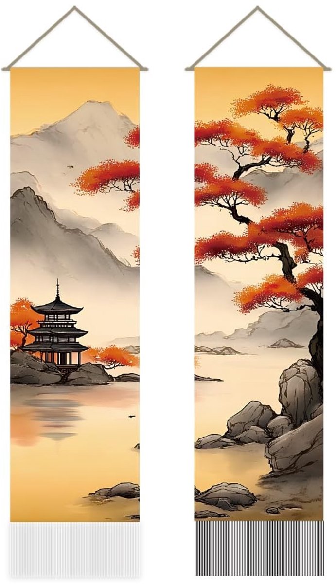 Dailygoods- Wandtapijt Traditioneel Chinees Landschap - Wandkleed met Paviljoen - Wandtapijt met Dennenboom - Mystieke Decoratie - 111 x 30 cm - Muurtapijt