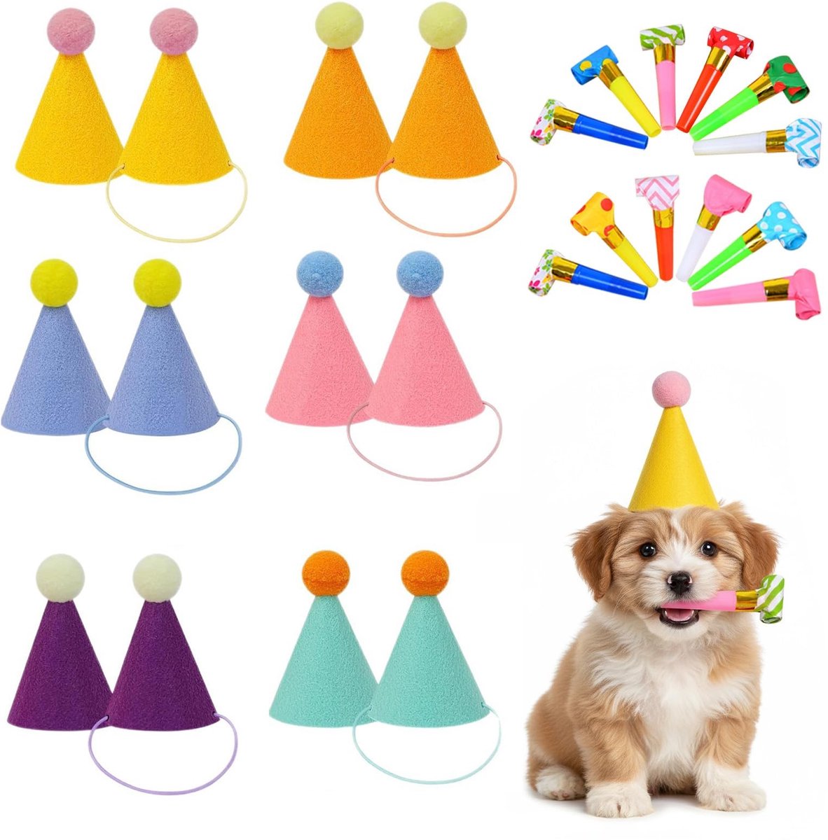 Dailygoods- Partyhoeden 12 stuks - Mini verjaardagsmutsen - Kegelvormig - Kleurrijk - Voor knuffeldieren - Inclusief elastieken - Verjaardagshoed