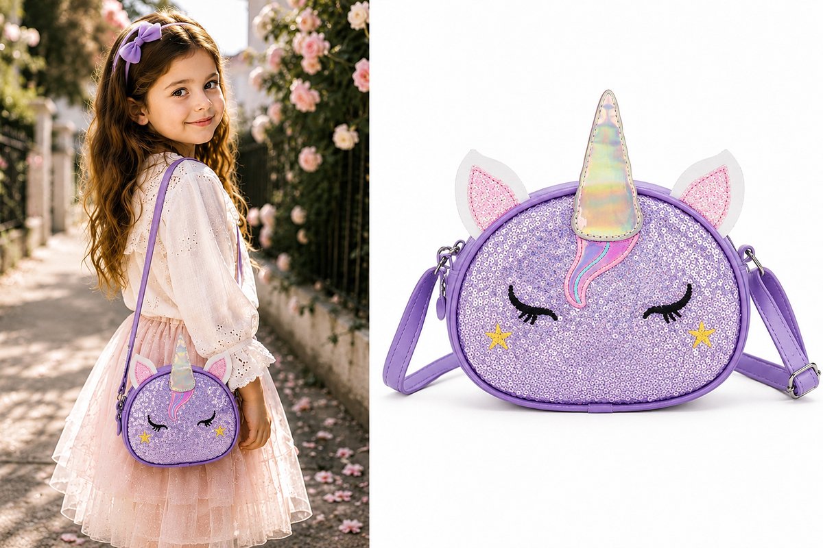 Meisjes Schoudertas – Unicorn – Paars – Pailletten Tas – Verstelbaar & Rits