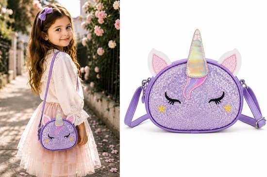 Meisjes Schoudertas – Unicorn – Paars – Pailletten Tas – Verstelbaar & Rits