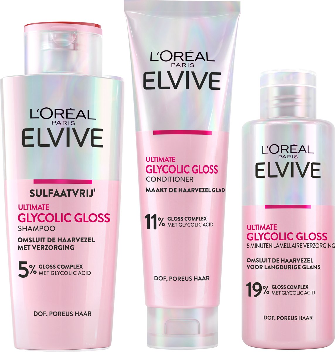 L'Oréal Paris Elvive Glycolic Gloss Shampoo Conditioner & 5 min Lamellaire Verzorging Bundel - voor dof poreus haar - met glycolic acid voor glanzend haar - 200ml 150ml & 200ml