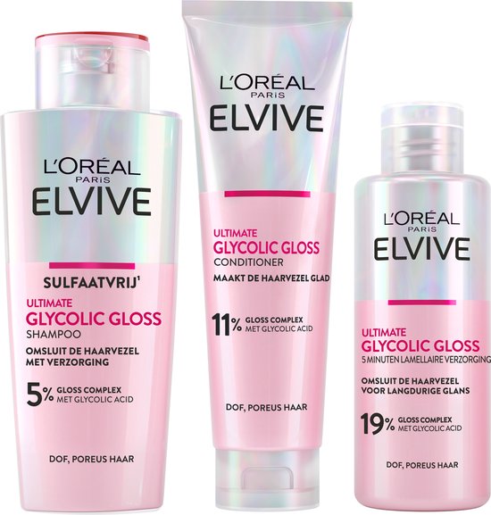 L'Oréal Paris Elvive Glycolic Gloss Ultimate Bundle - Shampoo 200ml, Conditioner 150ml & 5 min Lamellaire Haarverzorging 200ml - dof en poreus haar
