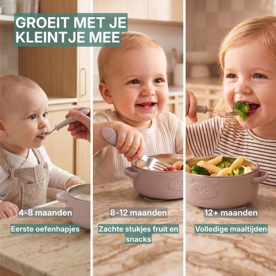 Broemba RVS Baby Bord met zuignap + Baby Bestek - 100% BPA-vrij Kinderservies - Kommetje met Lepel en Vork - Roze Baby Servies van Broemba — afbeelding 3