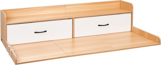Bureau en bois avec 2 tiroirs, une étagère supérieure et un plateau rabattable.