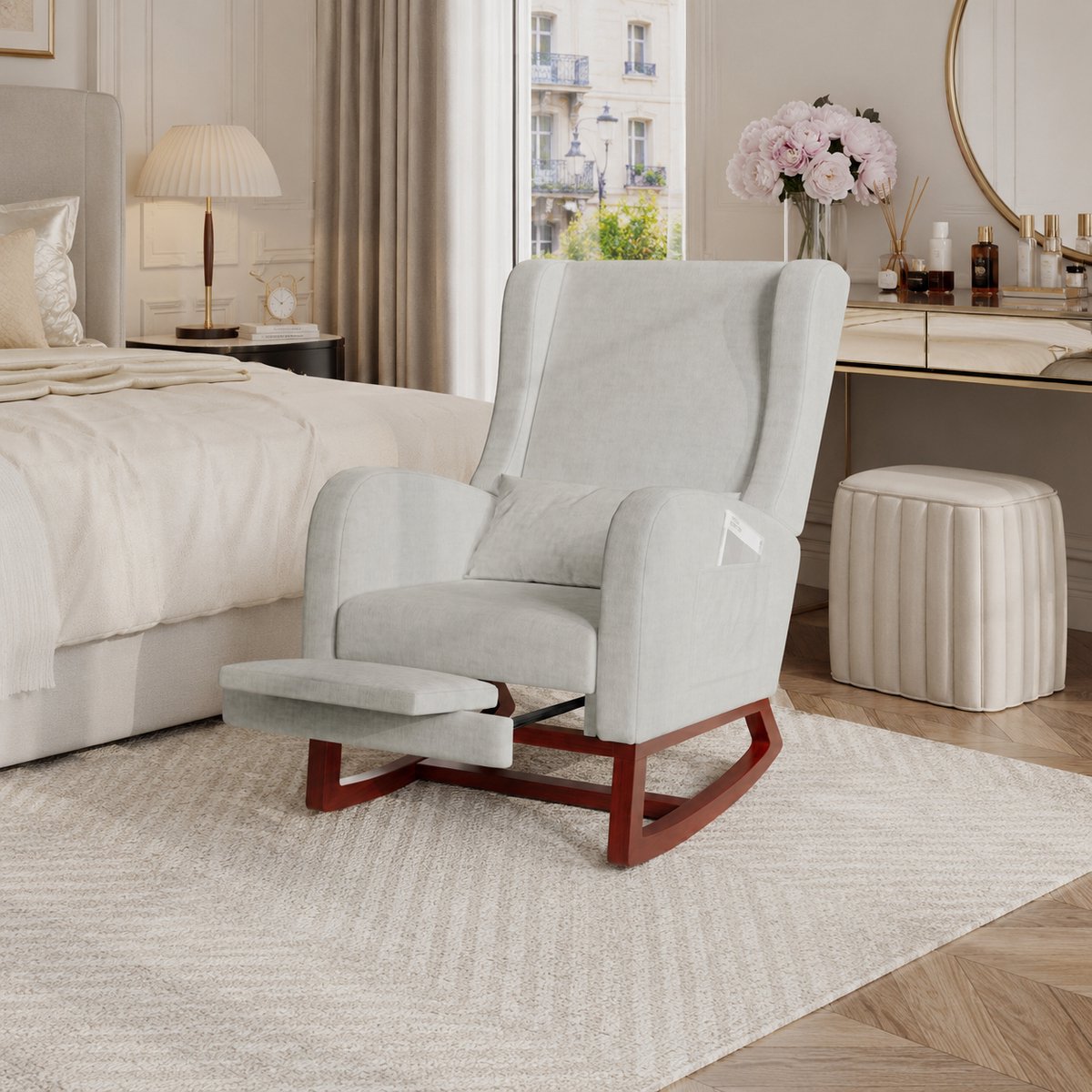 Schommelstoel met kussen en voetensteun – Relaxstoel, loungestoel met zijzakken - Voedingsstoel voor de babykamer – fauteuil voor de woonkamer - TV-stoe - Licht Grijs