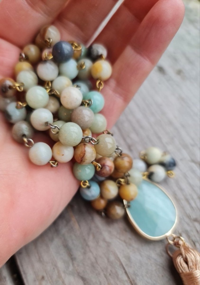 Boho edelsteen lange ketting - kralen ketting Blauw kleur - fluoride - Aquamarijn - 8mm kralen