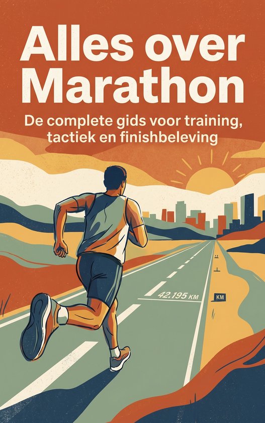 Un coureur sur une route avec le texte 'Alles over Marathon' et '42.195 KM'.