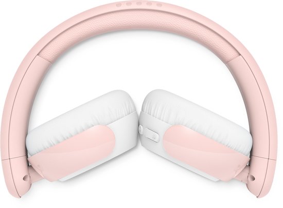 Opvouwbare roze en witte Philips koptelefoon, van bovenaf gezien.