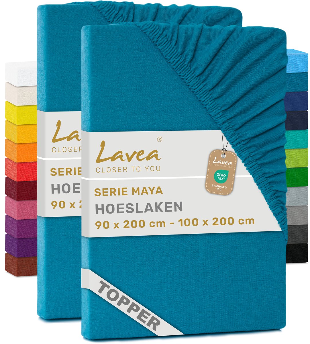 Lavea® Set van 2 Hoeslakens voor Topper 90x200cm - 100x200cm – 100% Katoen Jersey – voor Topper tot 10 cm – met Elastiek rondom – Aquamarijn
