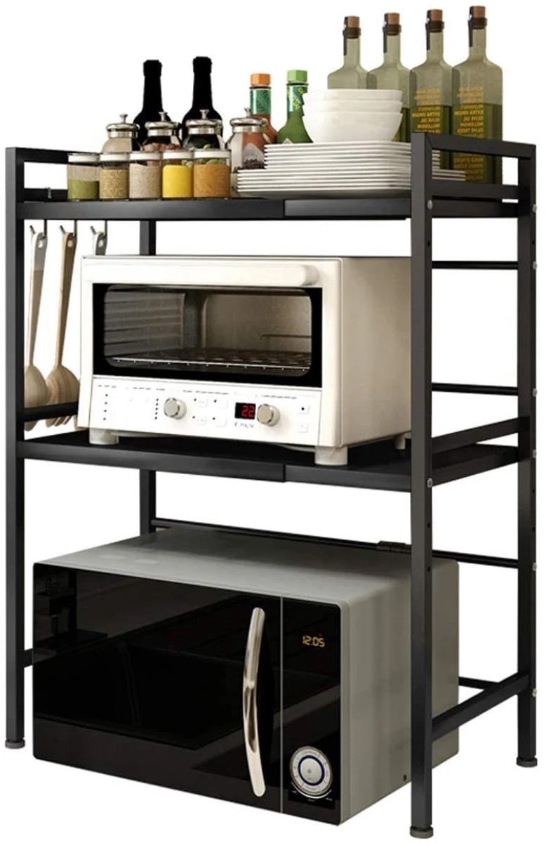 Dailygoods Uitschuifbare magnetron- en ovenstandaard voor magnetron, metalen magnetronplank met 6 hanghaken voor magnetr