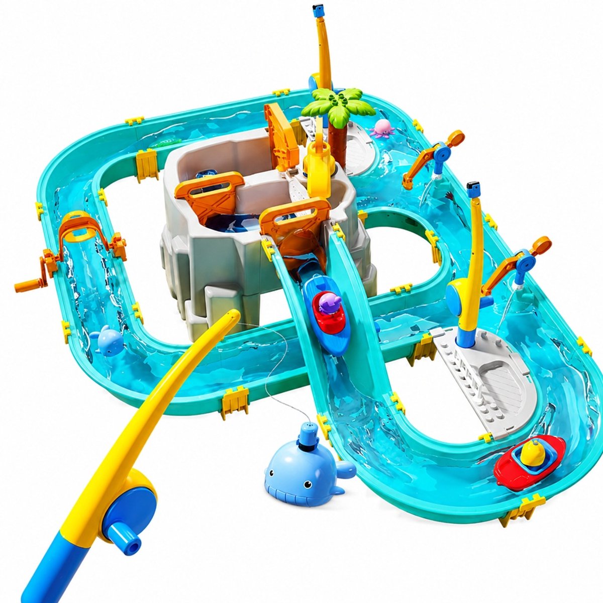 Waterspeeltafel met Waterbaan en Bootjes (80stuks)- Interactieve Waterspeelset met Hengel, Waterpomp en Accessoires - Educatief Buitenspeelgoed voor Kinderen 3+ Jaar - Sensorisch Speelgoed voor 2-4 Kinderen