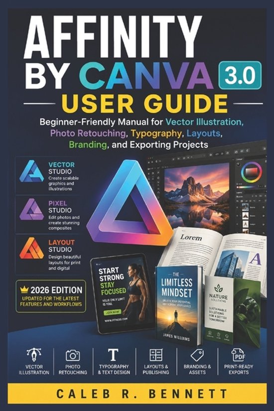 Livre 'Affinity by Canva 3.0 User Guide' avec le titre en lettres violettes et jaunes, des logos pour Vector, Pixel et Layout Studio, et des livres.