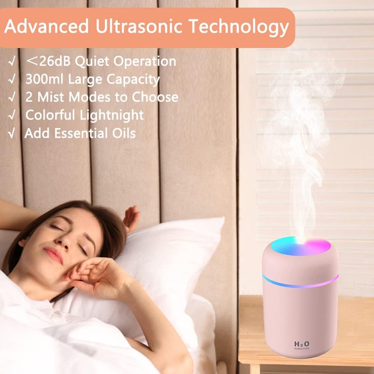 Mini Luchtbevochtiger Aroma Diffuser 300 ml Roze - Geurdiffuser Slaapkamer, Babykamer en Woonkamer - Geur Diffuser Geurverspreider Elektrisch voor Etherische Olie - Humidifier Vernevelaar Aromatherapie met LED Nachtlampje USB — cadeau in Wonen & Interieur - foto 6