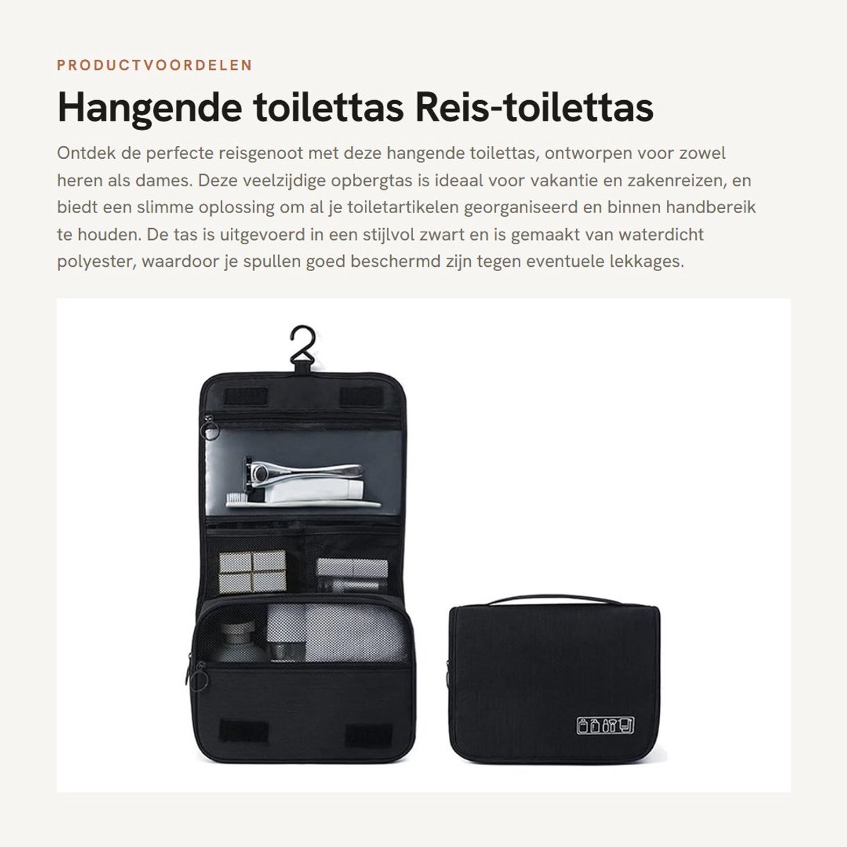 Dailygoods- Toilettas met haak - Hangende toilettas - Waterdichte opbergtas - Polyester - 23 x 19 x 8 cm - Nat/droogscheiding