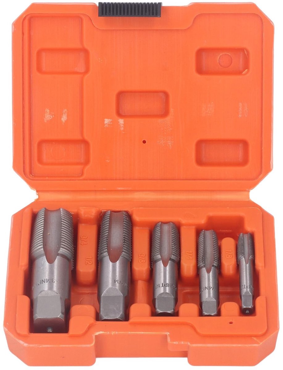 Dailygoods- Buistapset 5-delig - Koolstofstalen Draadsnijset - Opbergkoffer - Machuelos 3/4 - Machuelos 1/2/3/8/1/4/1/8 Inch - Voor Sanitair - Pijptapset