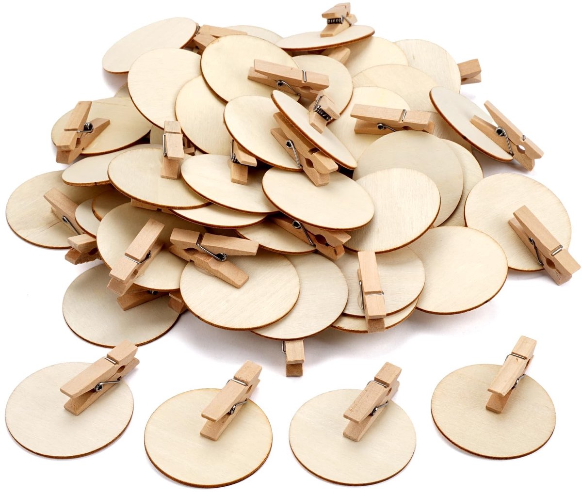 Dailygoods- Houten Klemmen 50 Stuks - 4,8 cm - Natuurlijk - Ronde Schijf - Knutselklemmen - Decoratieve Klemmen - Mini Klemmen voor Ansichtkaarten