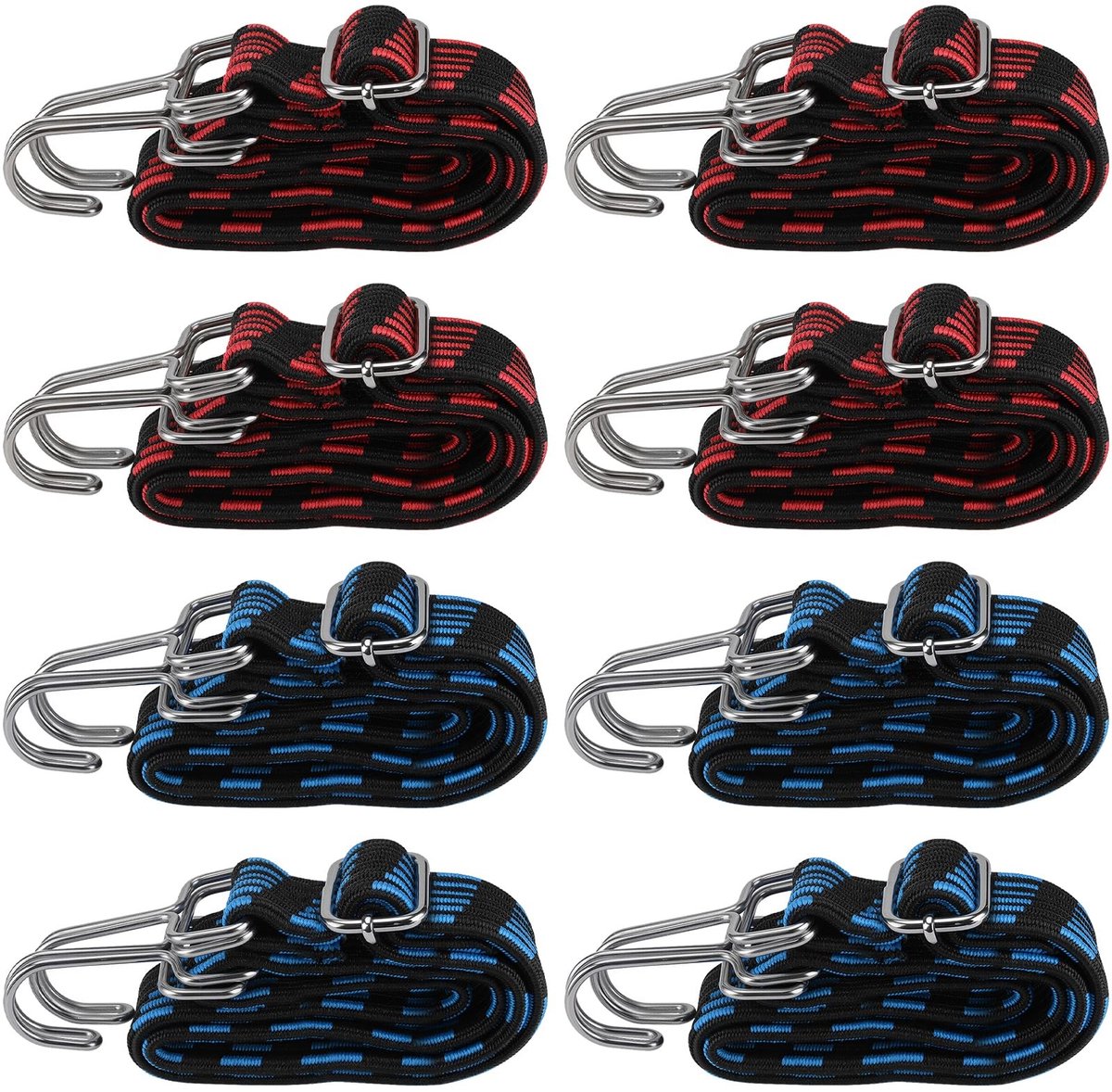 Dailygoods- Bungeekoorden 8 stuks - Verstelbare Elastische Banden 1 m - Zwart/Rood/Zwart Blauw - Versterkte Haak - Flexibel Kernmateriaal - Ideaal voor Beveiligen