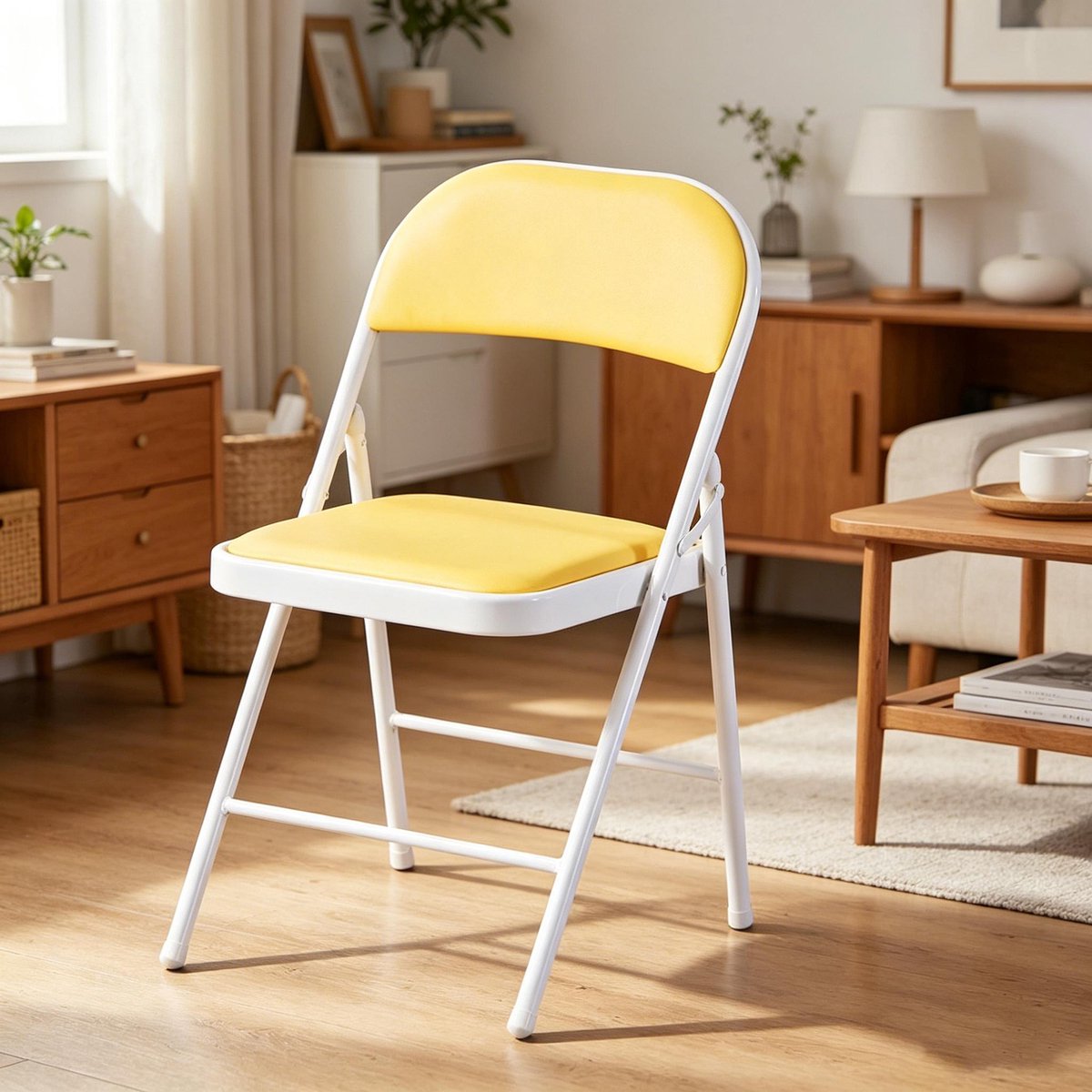 Klapstoel met zacht PU zitkussen geel stalen frame afmeting 47x45x79 cm draagvermogen 75 kg, ergonomisch zitvlak voorkomt vermoeidheid bij langdurig zitten thuis kantoor en evenementen