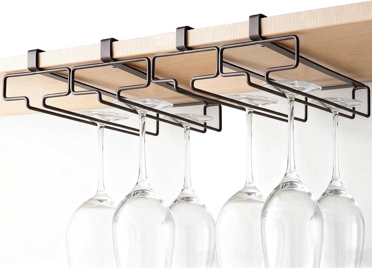 Dailygoods- Wijnglasrek Hangend - Glashouder - 4 Stuks - Zwart - IJzer - 26x11x7,5 cm