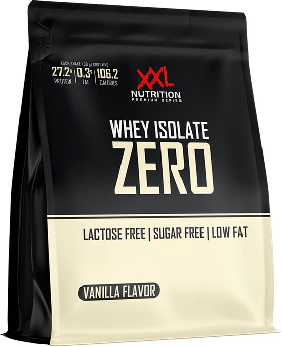 Zwarte zak XXL Nutrition Whey Isolate Zero met beige band en tekst 'VANILLA FLAVOR'. Bevat 27.2g proteïne, 0.3g vet, 106.2 kcal per shake.