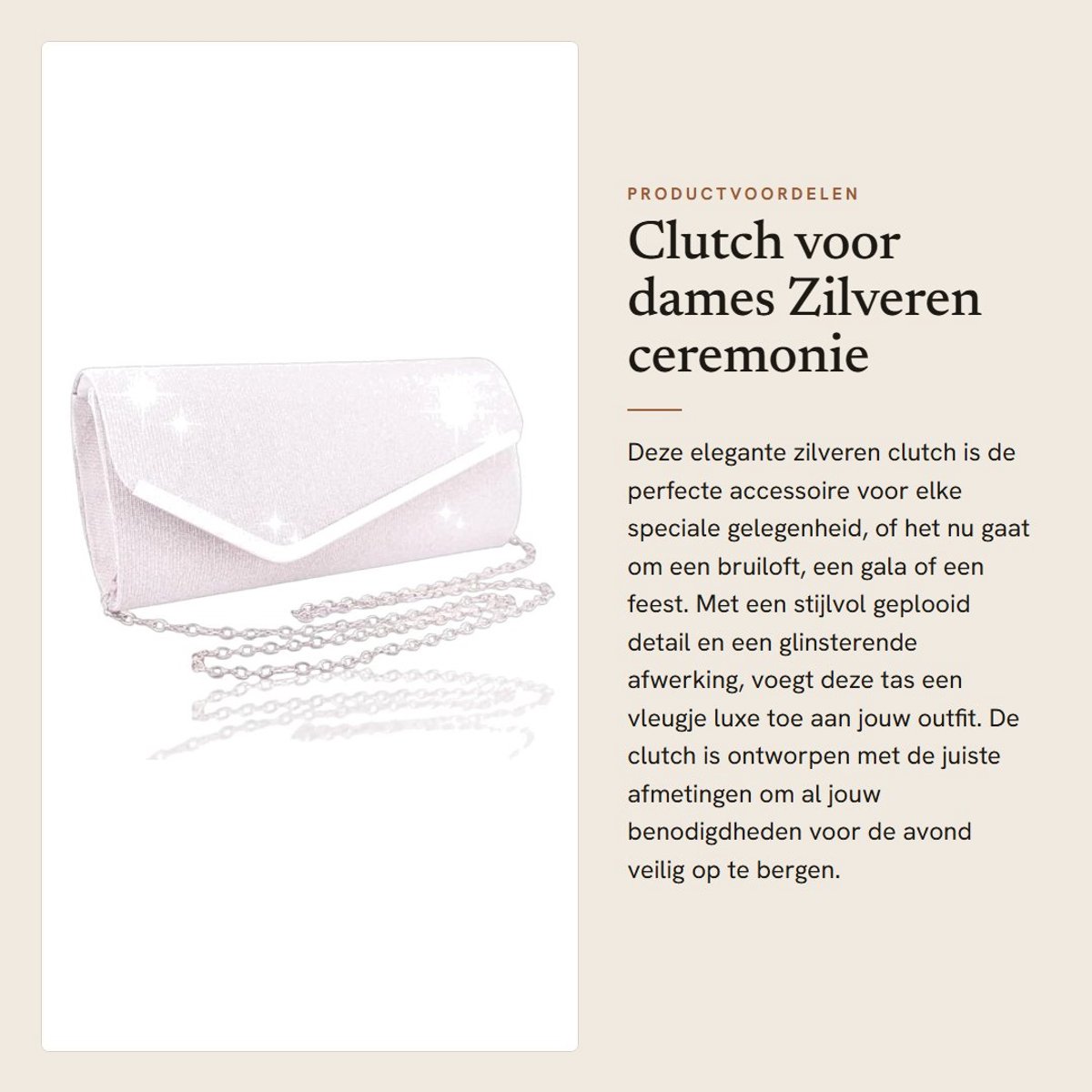 Dailygoods- Clutch zilver - Ceremonie tas - Afneembare kettingtas - Schoudertas - Feesttas - 24 x 11 x 5 cm, genoeg ruimte voor benodigdheden - Handtas