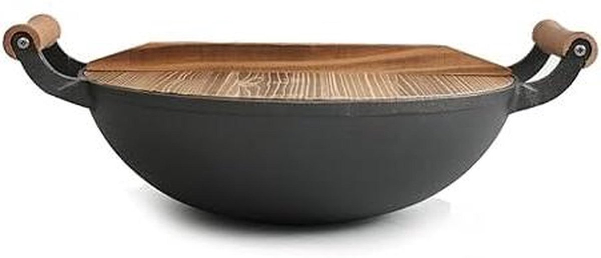 Gietijzeren Wokpan - Roerbakpan Wok - Gezond Koken - Antiaanbaklaag - 36cm - Zwart