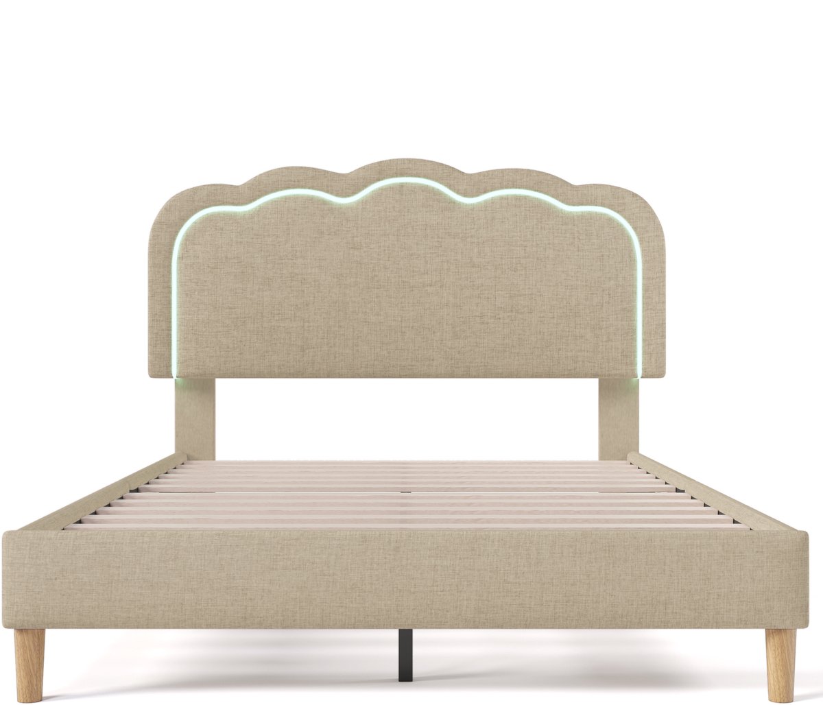 COVREO Bed 140x200 cm beige stof met verstelbaar hoofdeinde en LED-verlichting
