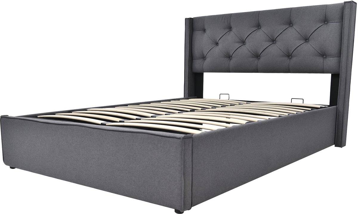 Hydraulisch tweepersoonsmatras, 140x200 cm, metalen frame met lattenbodem, moderne stijl, met opbergruimte, katoenen stof, grijs (matras inbegrepen).