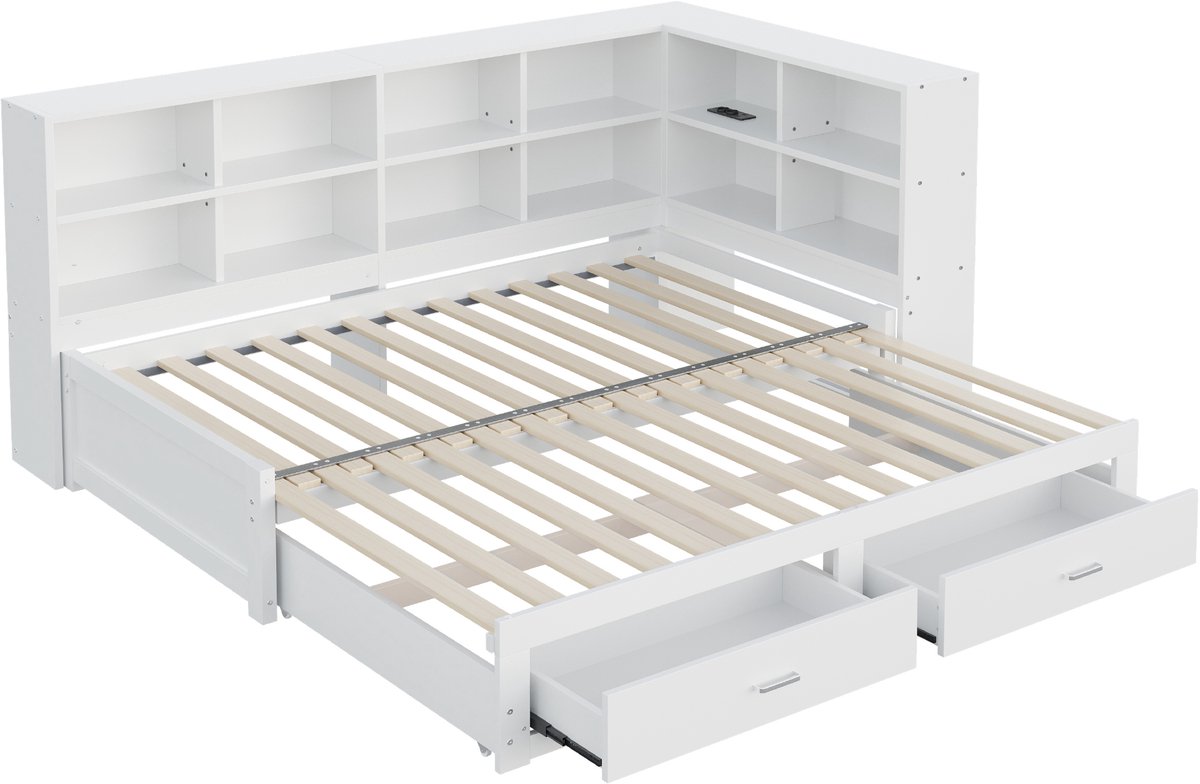 Massief houten bank, afmetingen 90/180*190 cm, met uitschuifbaar bed, opbergvakken, multifunctionele stopcontacten in Europese stijl, lades, lattenbodem, multifunctioneel eenpersoonsbed van hout, wit.