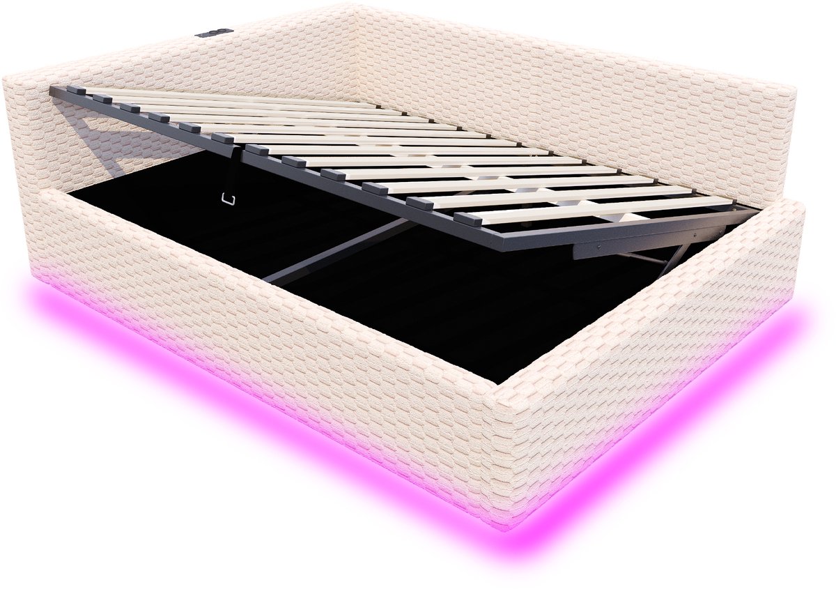 COVREO Tweepersoonsbed met LED en USB – 140x200 cm – Opbergbed met hydraulische functie – voor slaapkamer – Beige - zonder matras