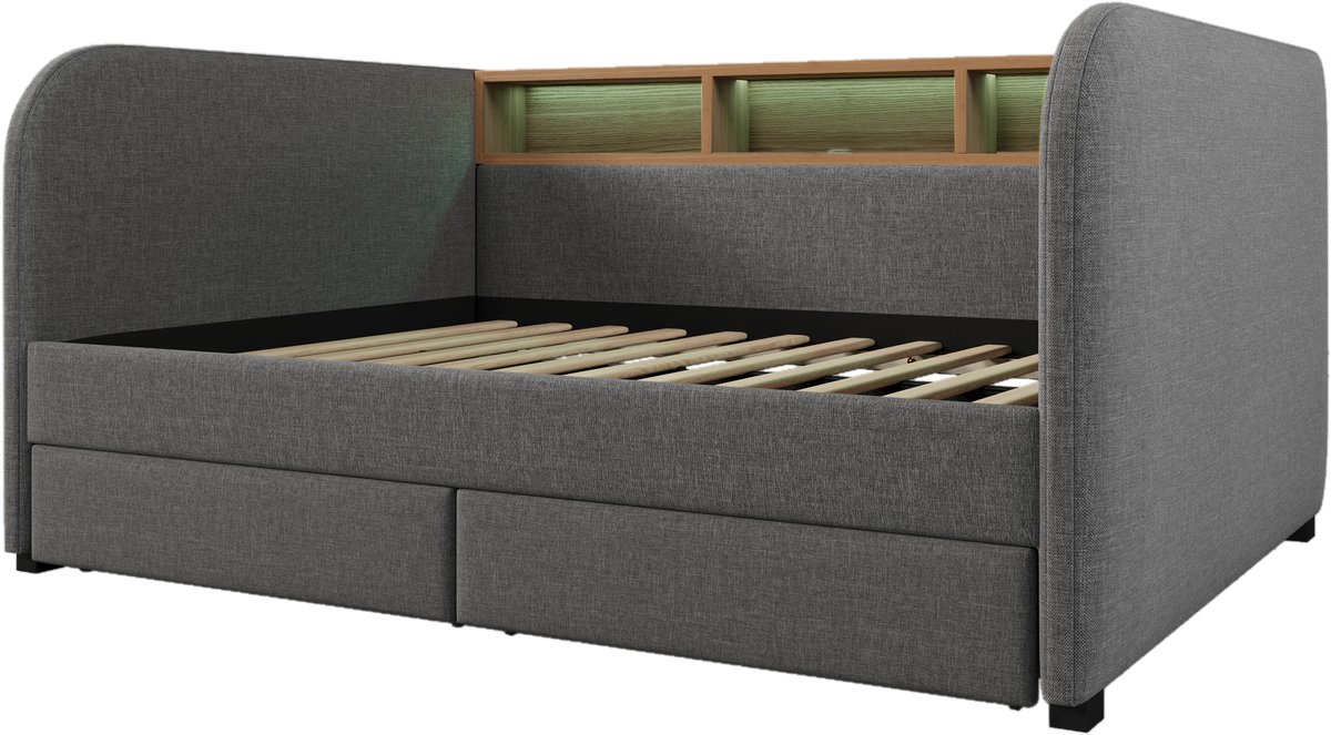 COVREO Bedbank met LED en USB-C – 140x190 cm – Slaapbank met opbergruimte en 2 lades – voor volwassenen – Grijs - zonder matras