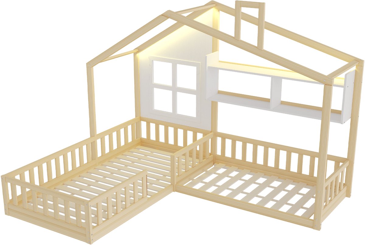 COVREO Kinderbed 242x204,5 cm – hout en MDF, met LED-verlichting, opbergrek en veiligheidsrail