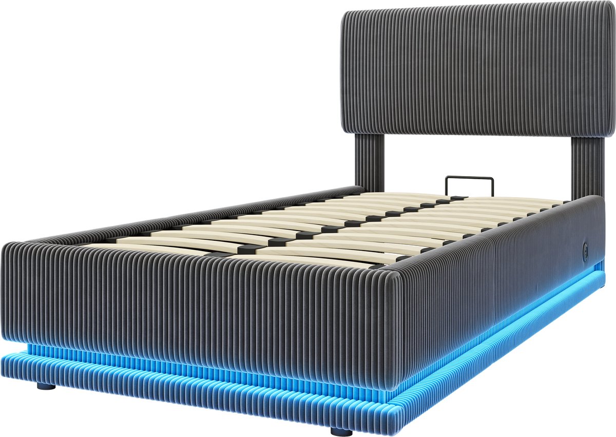 COVREO bed 90x200 cm - donkergrijs, cordstof, LED, USB-C en opbergruimte