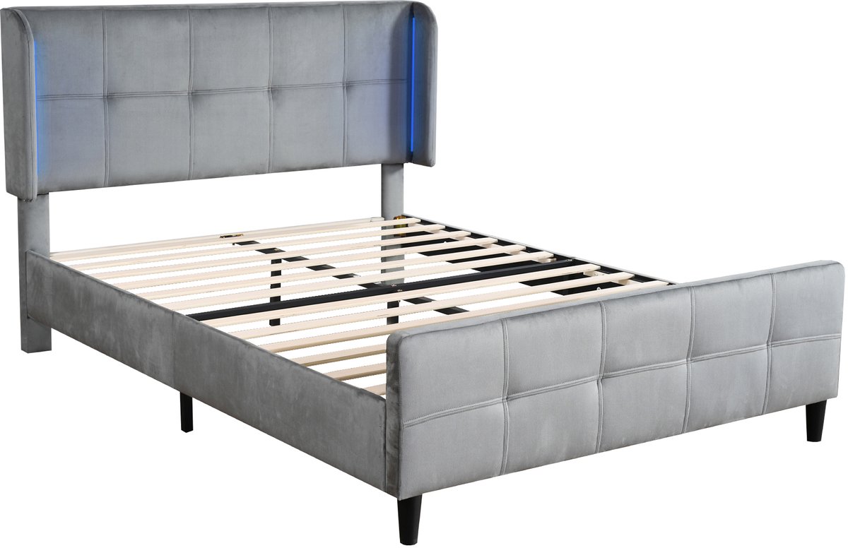 COVREO tweepersoons bed 140x200 cm - grijs fluweel, verstelbaar hoofdbord, LED-verlichting