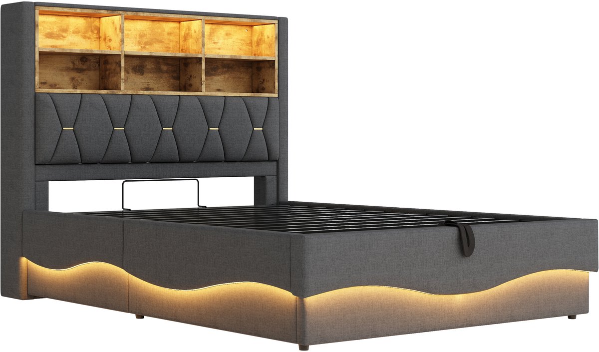 COVREO Bed 140x200 cm - met hydraulische opbergruimte, LED-verlichting, USB en grijze stof