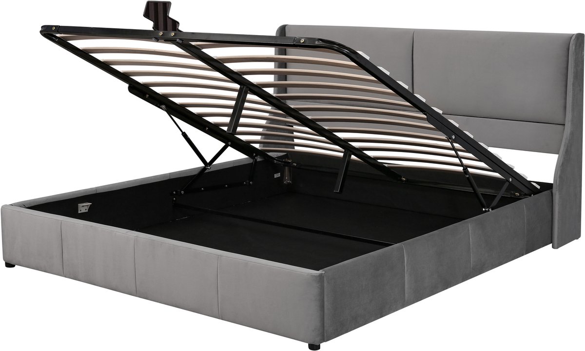 COVREO Bed 180x200 cm, 188 cm breed, grijs stof, opbergruimte, zonder matras