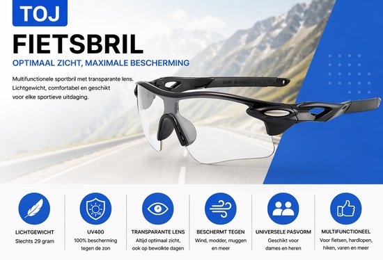 Fietsbril Met Hoes - Sportbril - Racefiets - Mountainbike - MTB - Sport Fiets Bril| Zonnebril - UV Bescherming - Zwart - Transparante Lens van Merkloos — afbeelding 3