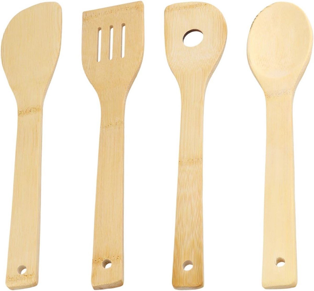 Set van 4 Houten Kooklepels met Antiaanbaklaag, Natuurlijke Bamboe Keukenhulpmiddelen met Lange Handvatten voor Koken en Bakken