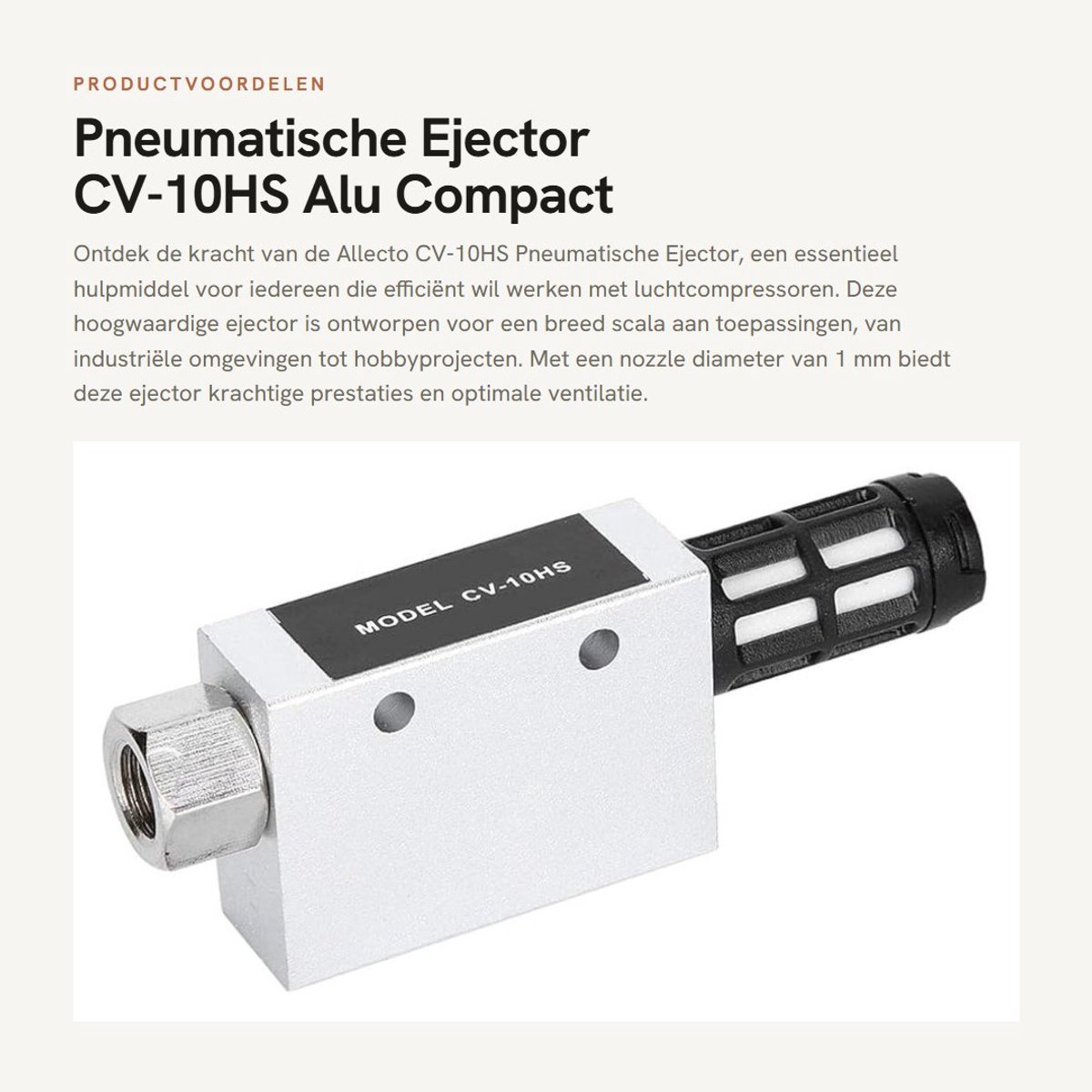 Dailygoods- Vacuümejector Aluminium - Pneumatische Afvoerklep - 1mm Nozzle Diameter - Werkdruk 1~6BAR - Zuigdebiet 27L/min - Lichtgewicht 79g - Vacuümgenerator