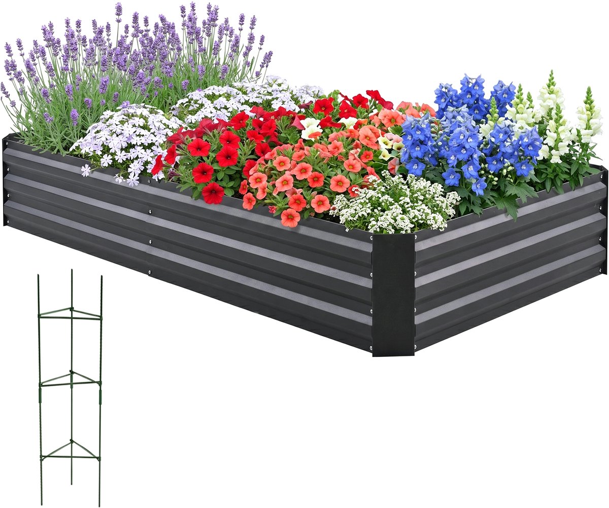 Quictent Verhoogde Kweekbak 180 x 90 x 30 cm – Metalen Moestuinbak van Verzinkt Staal met Tomatensteunen, Grijs
